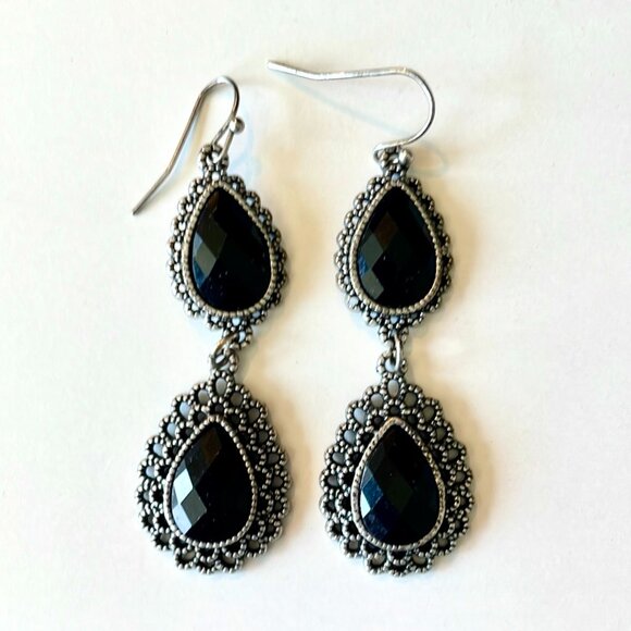 Jewelry - Black and Silver Teardrop Earrings with Intricate Metalwork